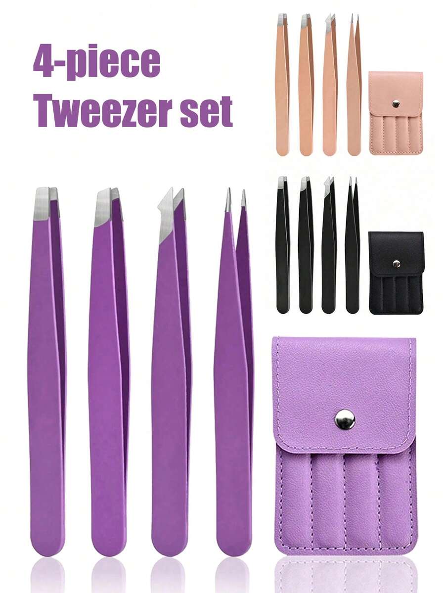 Juego de 4 pinzas de acero inoxidable de colores, herramientas de alta precisión portátiles para el cuidado de las cejas y la eliminación del vello, herramientas de belleza y maquillaje, disponibles en morado, rosa y negro (1 pieza/juego de 4 piezas). Debido a diferentes lotes de producción, la posición de la almohadilla protectora en la bolsa de embalaje es aleatoria, lo que no afecta el uso. Precio asequible, adecuado como regalo de Navidad, cosméticos y herramientas de maquillaje.