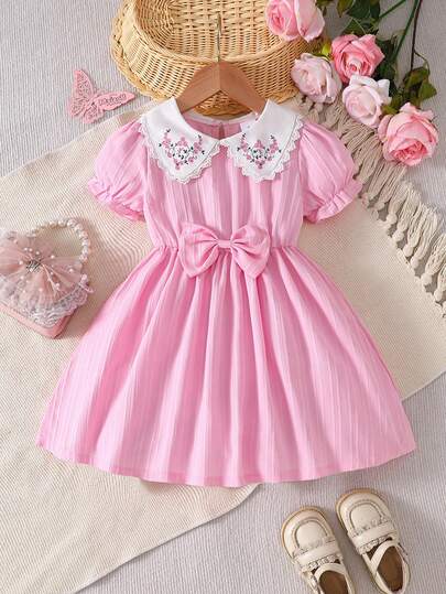 1pc Girls Casual Butterfly & Flower Ruffle Trim Soft Comfortable Woven Wavy Fabric Short Sleeve Mid-Length Dress, Suitable For Outdoor Wear, Spring/Summer