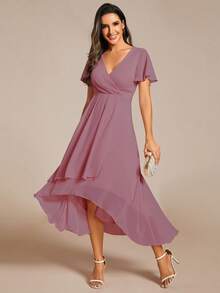 EVERPRETTY Elegante vestido de dama de honor de gasa con cuello en V y fruncido delantero en color rosa, con dobladillo de volantes suave de largo asimétrico, adecuado para invitados de boda y ocasiones formales de noche - Rosado Sandía - Ver 4
