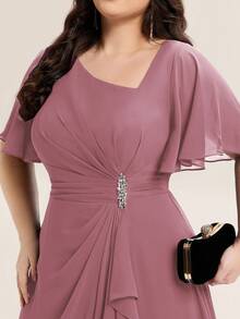 EVERPRETTY Elegantes Chiffon-Brautjungfernkleid in Rosa mit Diamantperlen-Verzierungen für Hochzeitsgäste, weiches, unregelmäßig gerüschtes Kleid, geeignet für Hochzeiten, formelle Abendessen und Anlässe in Große Größen - Altrosa - Übersicht 6