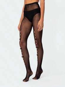 Women See-Through Pantyhose With Bow Knot Decors, Hollow Out Sheer Tights For Ladies - 黑底黑色大蝴蝶結 - 查看 2