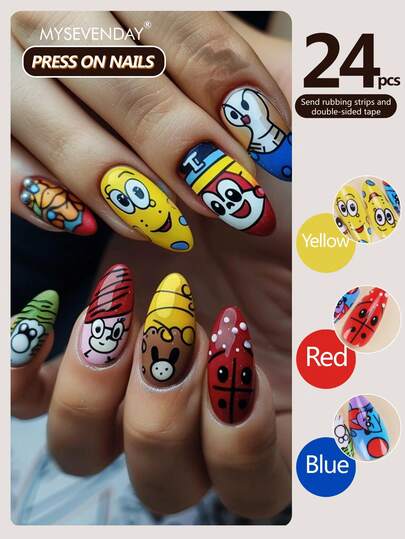 24 Pieces Press On Nails Almond/Full Coverage Nail Art Decorated With Cartoon Prints/Comes With Jelly Glue And Rubbing Strips Suitable For Aggregation, Reusable For Daily Use Using Can Enhance Your Temperament