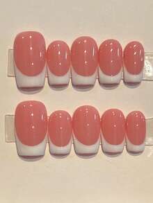 10片手工可重复使用全覆盖美甲贴纸 - 方形短款至中款法式尖头，粉白亮面按压式美甲贴片，适合女性，通勤和休闲佩戴，简约优雅设计，专业美甲贴片，高品质贴纸。可爱经典的法式美甲，适合女性和女孩日常及派对佩戴，全覆盖假指甲，附赠美甲护理工具，是送给女性和女孩的绝佳礼物。手工按压式美甲贴片 - 彩色 - 查看 3