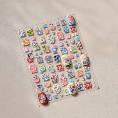 4片装新款铆钉3D立体花卉线条浮雕复古格子美甲贴纸，装饰贴纸