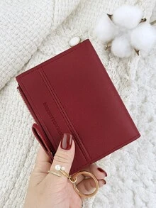 With A Chain Keychain,Wine Red Letter Detail Fold Over Small Wallet Pocket Wallet Small Purse Bifold Slim Women Wallet Lightweight Portable Credit Card Key Case Short Wallet Cute Modern Fashion For Birthday Gift Christmas Anniversary Women Girls Lady,Business,For Anniversary,For Christmas,On Valentine Day,For Birthday Gift,For Gift,For Lover For Women,For Girls,For Lady,For Female,Bag School Supplies For School Dorm Room & Back To School - Burgundy - View 11