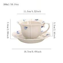 法式浪漫花瓣壓紋珠飾陶瓷杯碟套組，波浪邊花卉咖啡杯附對應碟盤，藍色花卉瓷製手持茶杯，下午茶甜點碟，居家咖啡廳優雅拿鐵卡布奇諾飲具禮品 - 彩色 - 查看 12