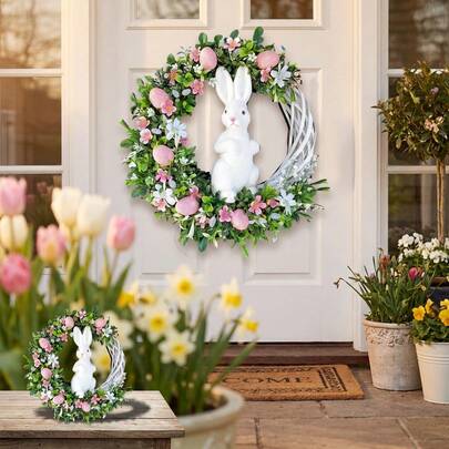 1pc Easter Wreath With 2D Rabbit Egg Design For Seasonal Spring Door Decor Garland Ornament