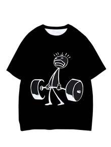 Plus Size Men's Casual Round Neck T-Shirt, Polyester Knit Fabric Comfortable & Breathable, Fashion Casual Cartoon "Funny Weightlifting Matchstick Man" Graphic Print, Streetwear Fresh Design, Novelty Top - Black - View 2