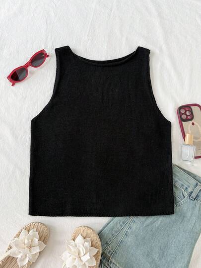 Women's Casual Solid Color Knit Ribbed Tank Top, Suitable For Vacation, Beach, Summer Holiday