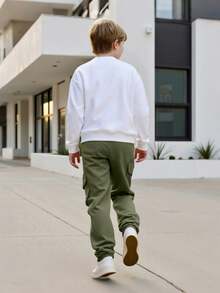 2 件套男童休闲圆领运动衫和裤子套装，简约口袋设计，白色上衣和运动裤，适合大童的时尚服装，春秋季 - 綠色 - 查看 4