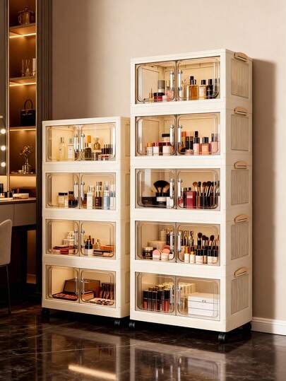 1pc 45/60cm Foldable Storage Cabinet, 1-5 Tier Double Door Storage Organizer, Thickened Plastic Wheeled Storage Cabinet, Living Room Toy & Snack Multi-Layer Cabinet, Clothes Storage Cabinet, Home Dust-Proof Shelving, Home Storage Rack, Storage Box, Plastic Container, Oil Can, Kitchen Storage Supplies, Cup Rack, 1 Oil Can, Spoon Rack, Kitchen Storage Rack