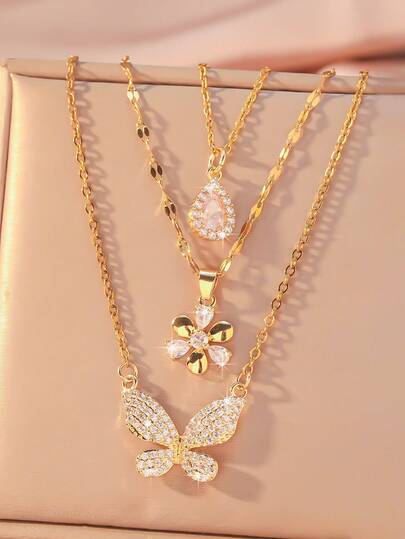 Set de 3 piezas de collar con colgante de estilo dulce y apilable - Colgante de mariposa de circonita brillante + Colgante de flor de circonita + Colgante de gota de agua de circonita engastada, estilo lujoso y delicado INS, adecuado para uso diario/citas, diseño único de 3 elementos, iluminador