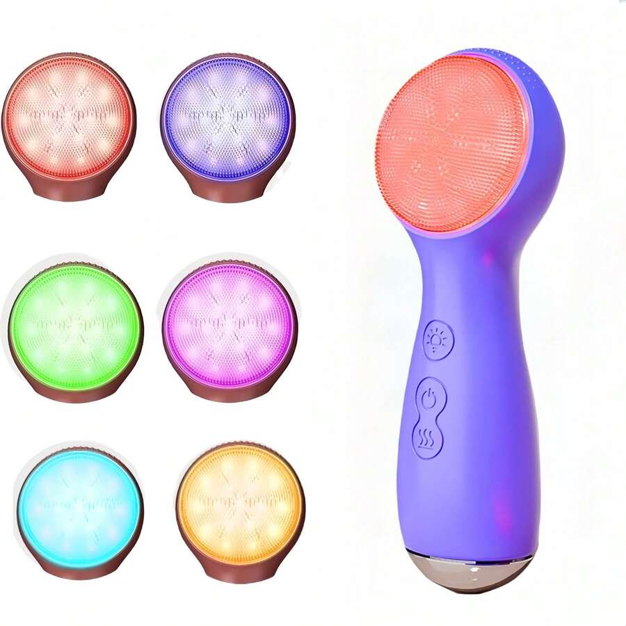 Facial Cleansing Brush Electric, Silicone Heated Face Scrubber With 7 LED Lights, Rechargeable Vibration Exfoliating Cleanser For Deep Cleaning & Gentle Massage, Skin Care Tool, Ideal Gift (Brown) - Purple - View 1