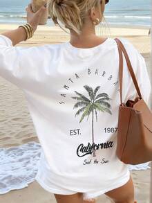 女士休闲圆领棕榈树字母印花度假风短袖T恤上衣，白色和粉色 - 白色 - 查看 9