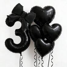 6 pièces Ensemble de ballons noirs en forme de numéros et de cœurs, comprenant des ballons de 0 à 9 avec décoration de nœud et ballons en forme de cœur assortis - Convient pour la décoration de fête d'anniversaire, mariage, anniversaire, Saint-Valentin - Fournitures de fête noires convenant pour un baptême, une fête d'anniversaire 1er/2e/3e/4e/5e/6e, ballons numérotés - Noir - Voir 13