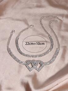 2pcs Rhombus Shiny Chain Anklet With Heart Pendant Double Layer Crystal Anklet - Silver - View 5