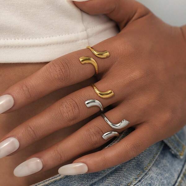 Uself 3 PCS / 1PC Minimalist Waterdrop Irregular Rings For Women 18K Gold Plated Stainless Steel Smooth Asymmetric Stackable Ring Women's Jewelry