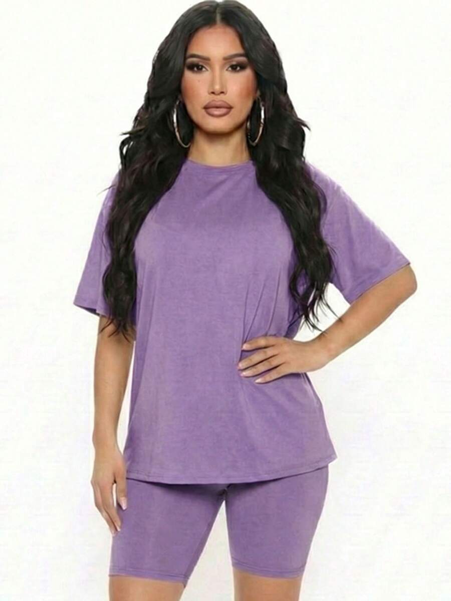 2pcs Loose Fit Top & Biker Shorts Set For Women, Solid Color Round Neck Machine Washable Comfy Basic Loungewear Sets For Summer Spring Fall - Quả nho - Xem 1
