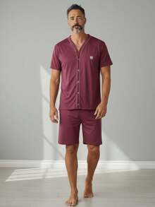 Men's Button-Down Post-Surgical Pajamas, Short Sleeves, Senior Style, High-Quality Knit Fabric - Burgundy - View 1