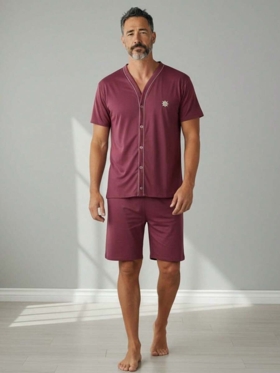 Men's Button-Down Post-Surgical Pajamas, Short Sleeves, Senior Style, High-Quality Knit Fabric - Burgundy - View 1
