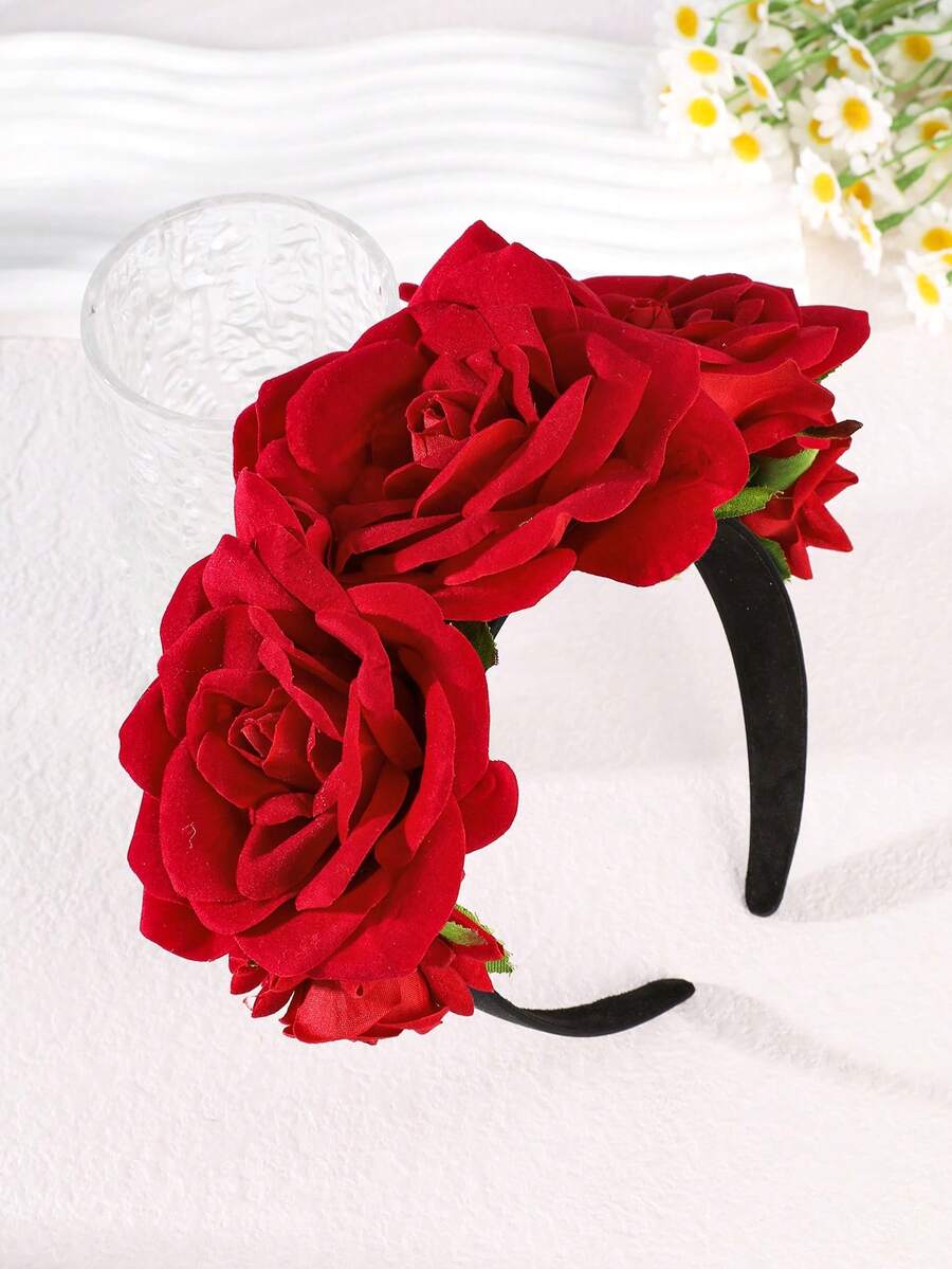 1个逼真玫瑰花发箍，适合表演、派对、舞会和各种节日佩戴，发箍发圈 - 紅色 - 查看 1