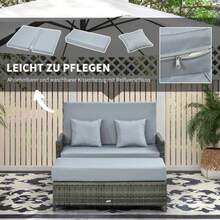 2-Seater Polyrattan Lounge Sofa With Cushions And Footrest, Grey, For Terrace And Balcony. - Camel - View 6