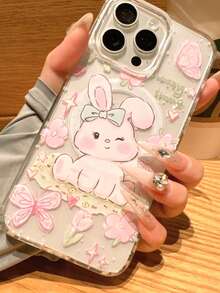 1pc Pink Magnetic Cartoon Cute Phone Case With Butterfly & Rabbit + Magnetic PU Leather Card Holder, TPU Shockproof Protective Cover For IPhone11/12/13/14/15/16/17/PROMAX - Pink - View 2