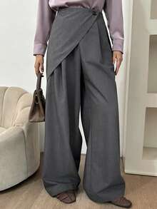 DAZY Pantalones anchos de 2 en 1 de unicolor elegante y holgado para mujer, ropa formal para primavera y otoño - Gris - Ver 2