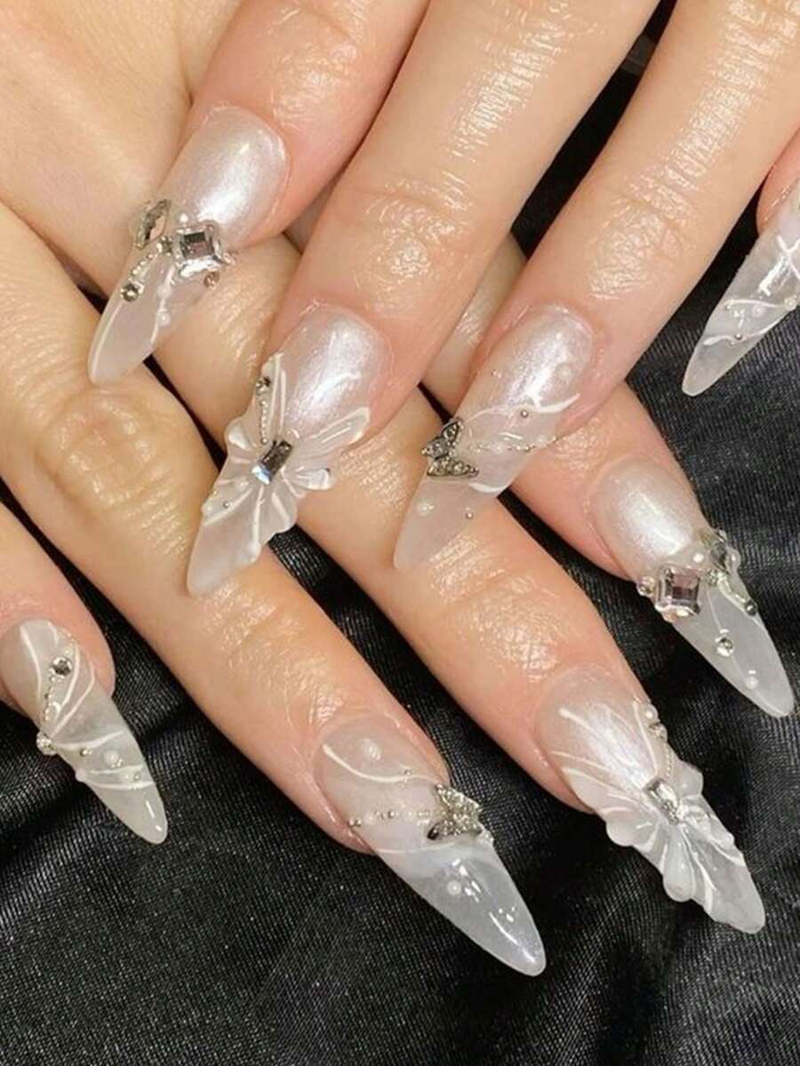 24pcs Press On Fake Nails French White Butterfly, Diamond Nails Supplies Art Perfect For Everyday Wear - Multicolor - View 1