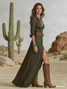 A Pure Color Short-Sleeved Long Dress With A V-Neck And A Mid-Rimmed Straight Skirt, With A Sexy And Bold Girl Style. Ideal For Christmas And Halloween Gifts. - 軍綠色 - 查看 7