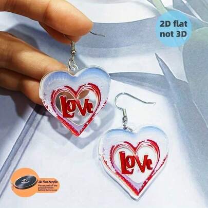 1 Pair Of 2D Acrylic Heart-Shaped Snowflake-Like Love Letter Earrings - High-Quality, Durable, And Exquisitely Crafted For Men - Valentine's Day, Unique Creative Design, Daily Wear, Friends' Birthday Gifts, Jewelry Accessories