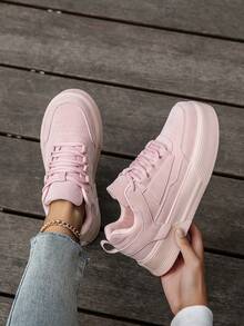 Giày thể thao nữ tối giản, màu trơn, phối nhiều mảng màu, buộc dây phía trước, kiểu dáng trượt ván, mũi tròn, đế cao, thoải mái, đa năng, thích hợp cho phong cách thường ngày. - Hồng - Xem 5