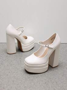 Women's Mary Jane Platform Chunky High Heels Pumps  Square Toe Solid Color Weddings Banquets Fashionable Y2K Shoes - White - View 2