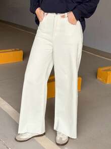 DAZY Solid Color Wide Leg Jeans With Slanted Pockets And Frayed Hems, Suitable For All Seasons - White - View 2