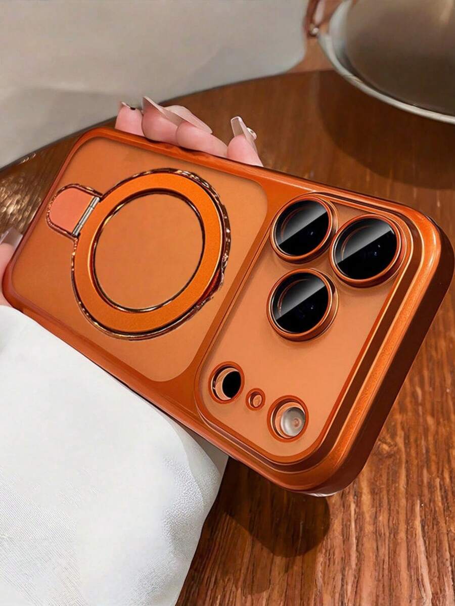 1pc Luxury Electroplated Matte Semi-Clear Magnetic Ring Holder Phone Case Compatible With IPhone 17 Pro Max 17 Pro Air 16 15 14 13 12 Pro Max Plus Hard PC Back Cover - Orange - View 1
