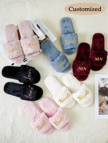 定制新娘拖鞋、毛绒伴娘拖鞋、个性化新娘拖鞋、圣诞派对礼物、毛绒拖鞋、生日礼物、母亲节礼物、毕业礼物 - 彩色 - 查看 7