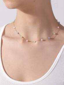 1pc Simple Fashion Cat Eye Stone Beaded Copper Chain Necklace, Suitable For Women's Daily, Date, Vacation, Nightclub Wear. The Number Of Beads May Vary Slightly, Please Refer To The Length. - Bead Chain - View 11