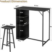 Mesa de bar y 2 sillas con estantes de almacenamiento de 3 niveles, mesa de comedor de cocina retro para 2, muebles de apartamento de ahorro de espacio con taburetes - Tapizado en negro - Ver 2