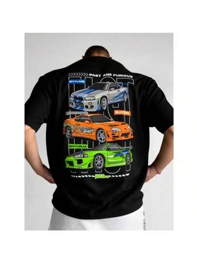 Camisa de hombre con estampado de carreras, camisa negra de manga corta con estampado de estilo retro en la calle, camisa casual con cuello redondo, versión convencional, tejido cómodo para todas las estaciones, adecuada para uso diario, adecuada para regalos de vacaciones, adecuada para regalos para amigos.