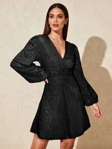 1pc Shiny V-Neck Lantern Sleeve Party Dress With Romantic Sequin Patchwork, Suitable For Party, Birthday, Date Night, Music Festival - Black - View 4
