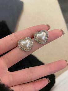 1 paire de boucles d'oreilles à tige vintage style français avec strass en forme de cœur, convient aux adolescentes, pour un port quotidien et les jours de fête - Amour - Voir 3