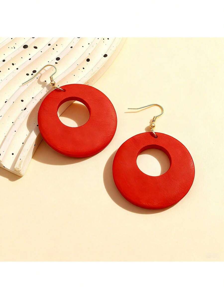 1对复古木质空心圆形吊坠耳环 - 紅色 - 查看 1