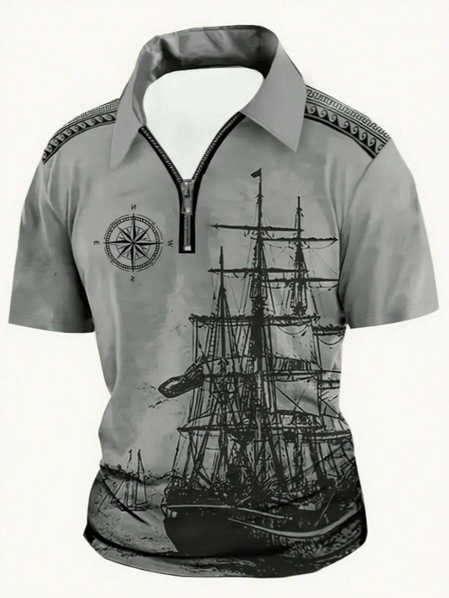 Men Boat Print Contrast Trim Half Zip Sport Polo Shirt - Grey - View 1