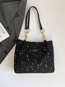 时尚条纹手提包 - 女士大容量单肩包 - 拉链托特包，适合日常使用 - 简约链条单肩托特包，适合青少年女孩、大学生、职场新人及白领，完美适用于办公室、工作、商务、通勤，闪亮亮片图案，是女士最佳工作包之选。 - 黑色 - 查看 4