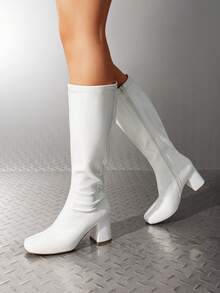 Women's Gogo Boots Square Toe Chunky Fashionable  Casual Simple Knee High Boots - 白色 - 查看 2