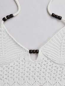 Yuwenier 性感V领串珠镂空露背吊带背心和紧身迷你裙两件套，女士夏季海滩度假装 - 白色 - 查看 8