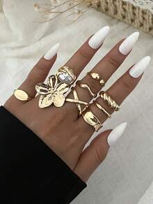 Zestaw pierścionków z perłami w stylu vintage, eleganckim, boho, asymetrycznym, geometrycznym, plisowanym kwiatem, 14/12/9/8/5 szt., idealny na co dzień, na imprezę, randkę, święta, ślub, prezent na festiwal. - Złoto - Zobacz 4