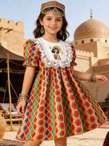 Girls Cute Plaid Dress, Cartoon Character Print With Lace Trim Puff Sleeve Dress, Suitable For Birthday Party, Eid Celebration, Weekend Outing, Family Gathering, Beach Walk - Multicolor - View 2