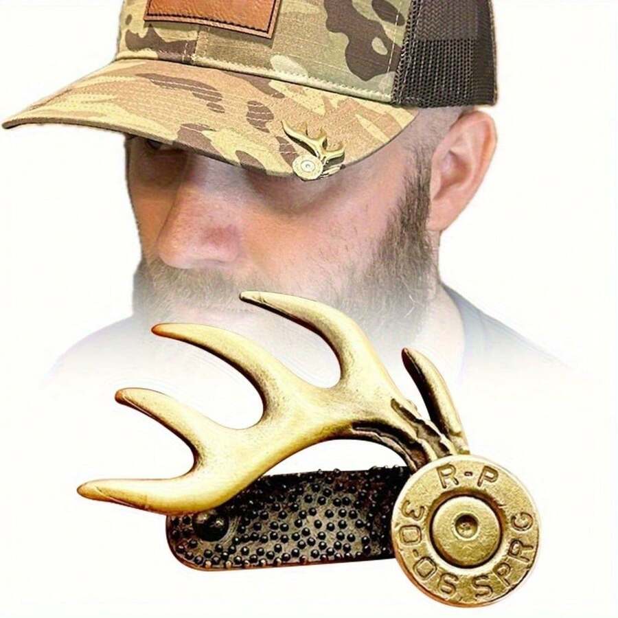 1 Handmade Pure Copper Deer Horn Hat Clip - Gold Metal Edge, Textured Non Slip Base, Durable Hunting Accessories, Exclusive For Outdoor Enthusiasts And Fathers - Unique And Exquisite Handmade Gift - 1PCS - View 1