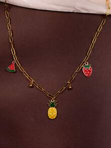 1件趣味水果吊坠项链，几何镂空链项链，可爱草莓、菠萝、苹果吊坠，创意锁骨链 - 彩色 - 查看 2